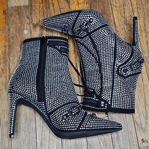 Black Fringe Clear Rhinestone Stiletto Booties